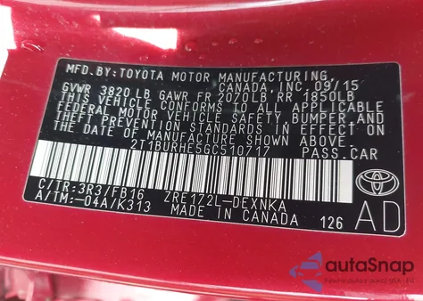 2016 Toyota Corolla Le from USA, damaged, VIN 2T1BURHE5GC510717